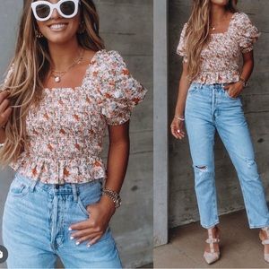 Roan Cotton Puff Sleeve Floral Smocked Top